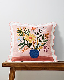 Lynn Embroidered Floral Vase Cushion with Scalloped Edges