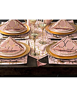 Waterside 9 Piece Tallulah Pink & Gold Geo Table Runner, Placemat & Napkin Set