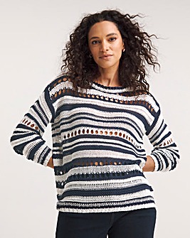 Navy & Cream Stripe Loose Fit Crochet Jumper