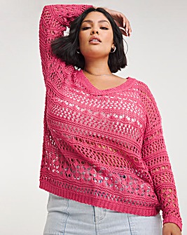 Pink Wide V Neck Crochet Jumper