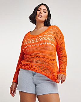 Orange Wide V Neck Crochet Jumper