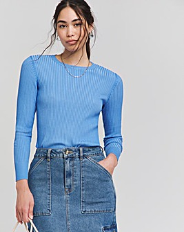 Blue Contrast Rib Crew Neck Jumper