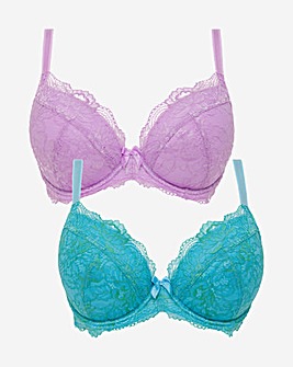 Pretty Secrets (2 Pack) Ella Lace Padded Plunge Wired Bras (B-J) Lilac/Blue