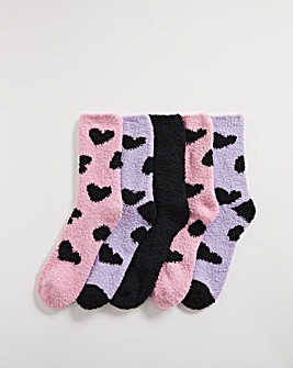 5 Pair Pack Hearts Fluffy Socks