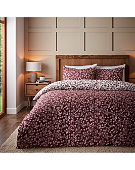 Catherine Lansfield Brushed Grace Floral Leaf Red Duvet Cover Set