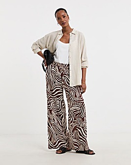Brown Print Crinkle Pull On Wide Leg Trousers