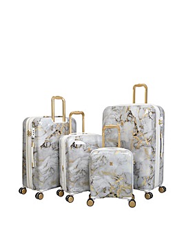 IT Luggage Sheen 4pc Gold/Grey Marble Print Hardshell Suitcase with TSA Lock