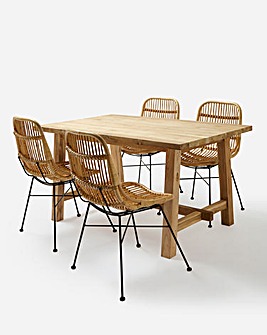 Salvador Teak Trestle Table with 4 Aurora Rattan Chairs
