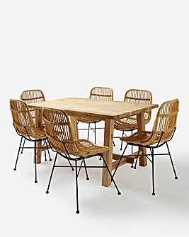 Salvador Teak Trestle Table with 6 Aurora Rattan Chairs