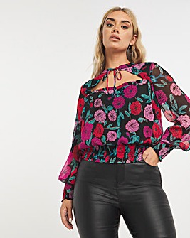Black Floral Cut Out Shirred Waist Long Sleeve Blouse