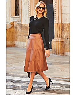 SosandarTan Leather Look Panelled A-Line Midi Skirt*