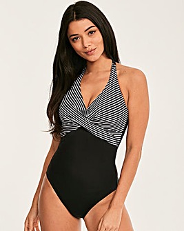 Figleaves Tailor Halter Twist Front Tummy Control Stripe Swimsuit