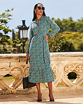 Sosandar Green Chain Print Jersey Ruffle Hem Midi Shirt Dress