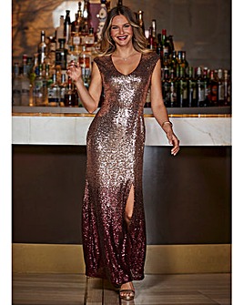 Sosandar Rose Gold Ombre Premium Sequin Side Split Maxi Dress