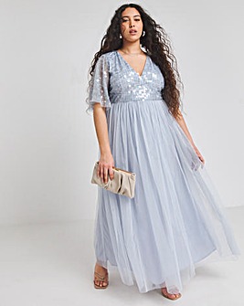 Maya Curve V Neck Delicate Disc Sequin Tulle Maxi Dress