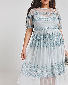 Maya Curve Puff Sleeve Stripe Sequin Embellished Tulle Midi Dress