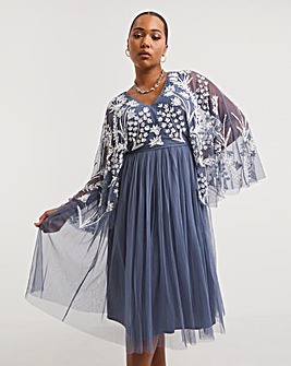 Maya Curve Cape Sleeve Embellished Midi Dress