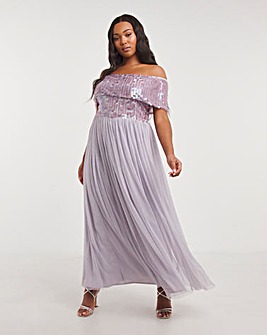 Maya Curve Bardot Disc Sequin Embellished Tulle Maxi Dress