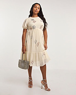 Maya Curve Floral Puff Sleeve Floral Midi Dress