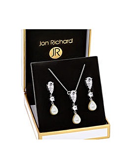 Jon Richard Rhodium Cubic Zirconia And Pearl Set - Gift Boxed