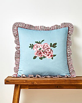 Bella Floral Printed Cushion with Striped Ruffled Edges