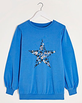 Blue Printed Puff Sleeve Sweatshirt