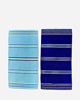Catherine Lansfield Cotton Rainbow Beach Towel Pair - Light & Dark Blue