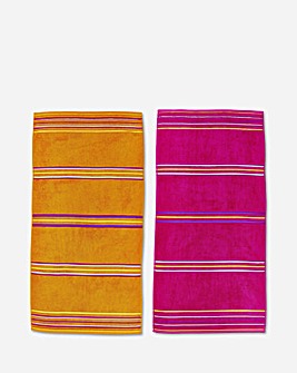 Catherine Lansfield Cotton Rainbow Beach Towel Pair - Hot Pink & Orange