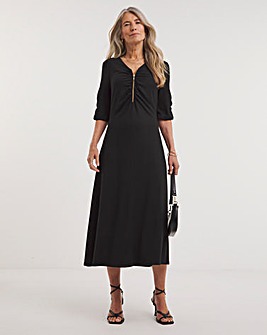 Soft Touch Jersey Rouched Zip Front Midi Dress