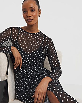 Spot Mesh Ruched Midi Dress