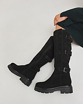 Kiah Suede Multi Buckle Chunky Knee High Boots Wide E Fit Super Curvy Calf