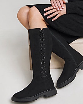 Farley Side Lace Up Flat Knee High Boots Wide E Fit Super Curvy Calf