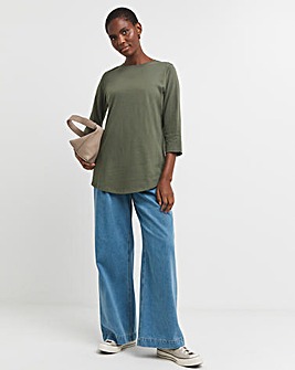 Khaki 3/4 Sleeve Curved Hem Longline Top