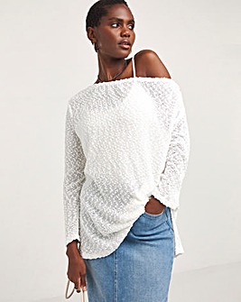 Boucle Textured Slash Neck Longline Top