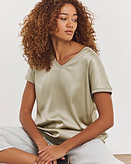 V Neck Satin Front Longline Top