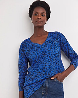 Blue Animal Long Sleeve V-Neck Slouch Longline Top