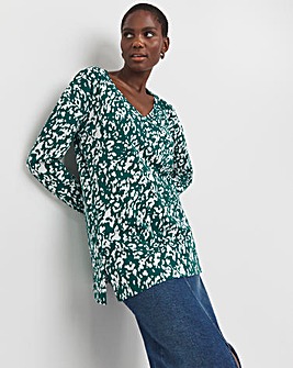 Print Long Sleeve V-Neck Slouch Longline Top