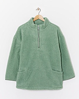Sage Green Borg Longline Quarter Zip Jacket