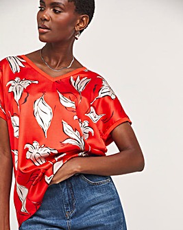 Red Floral Print V Neck Satin Front Top