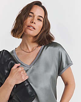 Grey V Neck Satin Front Top