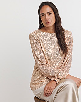 Champagne Sequin Slash Neck Volume Sleeve Top