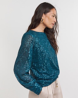 Teal Sequin Slash Neck Volume Sleeve Top