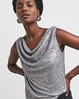 Silver Cowl Neck Sequin Vest