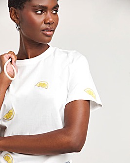 White Crew Neck Lemon Embroidered T-Shirt