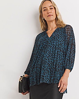 Print V-Neck Mesh Blouse