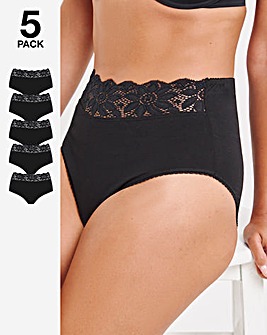 5 Pack Black Lace Top Full Brief Knickers - Black