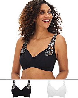 Pretty Secrets 2 Pack Flora Embroidered Full Cup Non Wired Black/White Bras