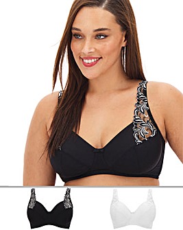 Pretty Secrets 2 Pack Flora Embroidered Full Cup Non Wired Black/White Bras