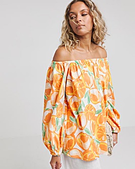 Orange Print Linen Bardot Top