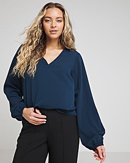 Navy Long Sleeve V Neck Boxy Blouse